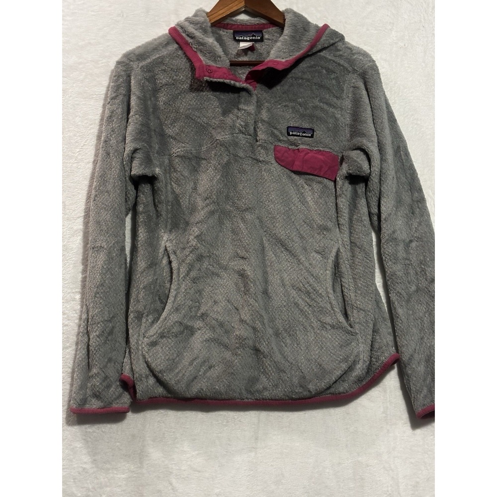 Patagonia Snap‎ Hoodie Women's Gray Pink Medium Fleece Pullover Jacket Polartec